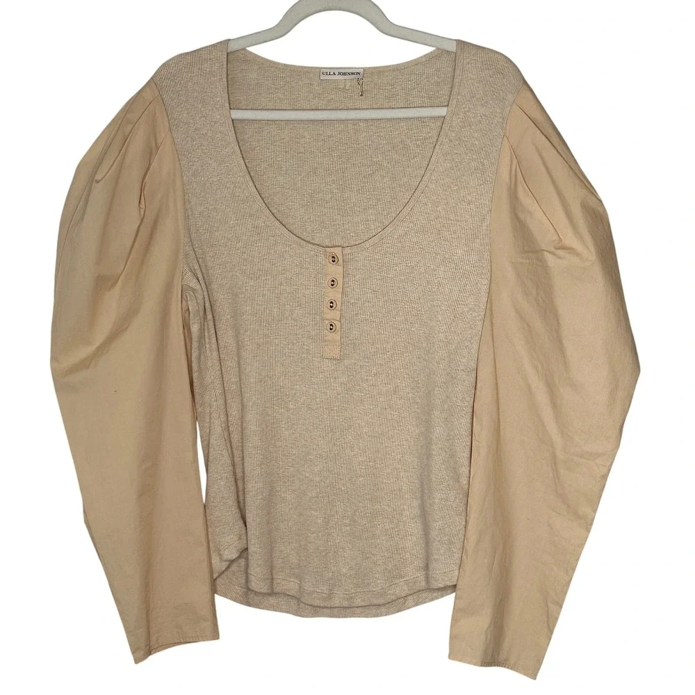 ULLA JOHNSON Joanne Beige Poplin Sleeve Rib Knit Top in Oatmeal Size XL‎